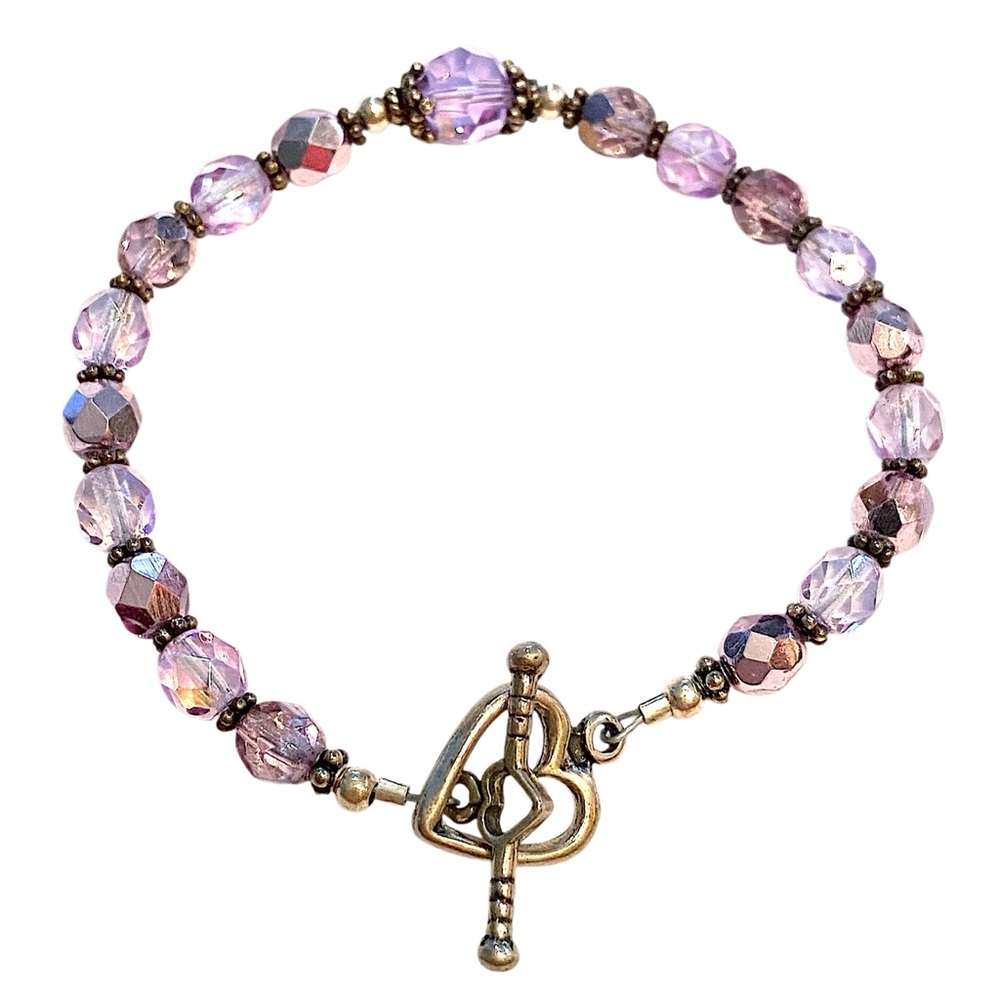 Purple and Silver Beaded Bracelet with Toggle Clasp